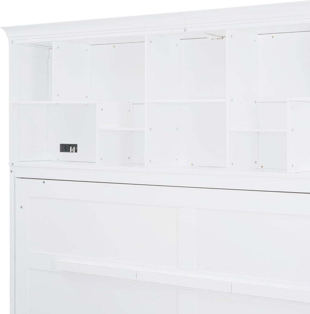 Merax Modern Farmhouse Solid Wood Murphy Cabinet Bed with Top Shelves & USB Charging, Tall Wall Platform Bed No Box Spring Needed/Easy Assemble Queen,White