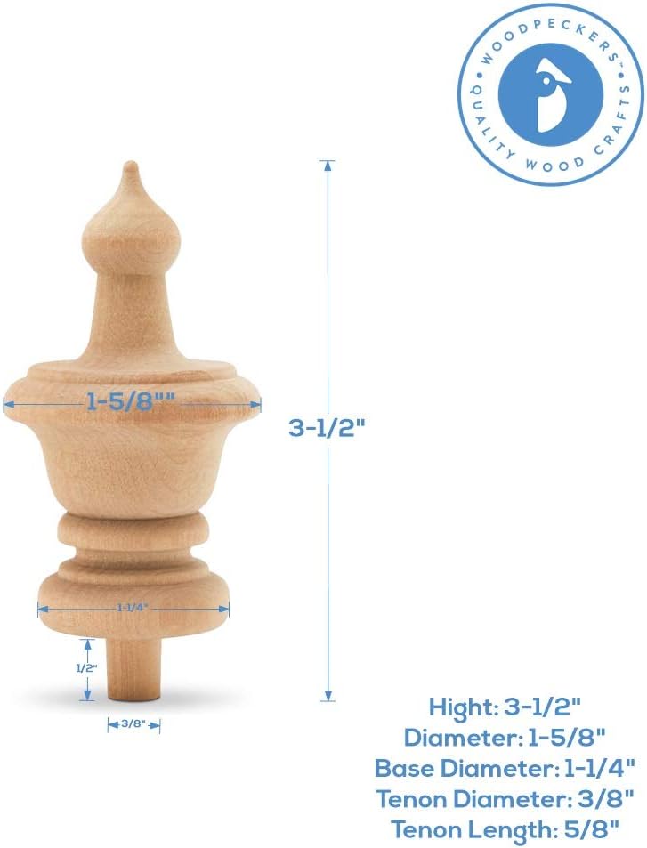 Woodpeckers Unfinished Wood Finials - 3-1/2 inch, Pack of 12 Large Craft Finials for Bed Posts, Curtain Rods, Flagpoles and Crafts