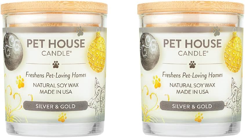One Fur All Pet Odor Candle 2 Pack, 9 OZ Plant-Based Clean Scented Candles, Long Lasting with a 60 Hour Burn Time, Silver & Gold