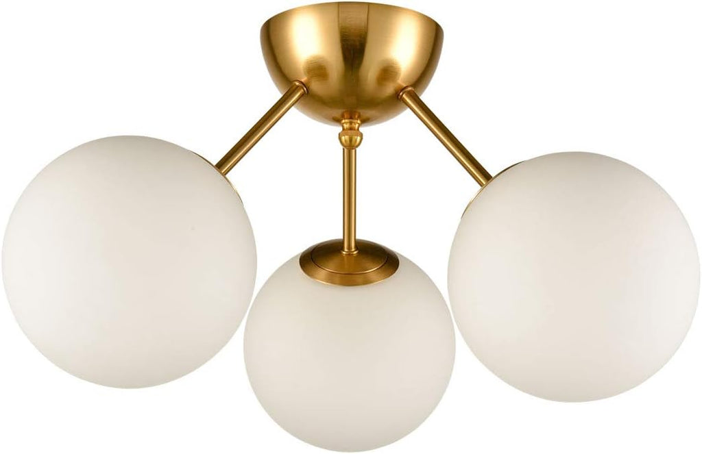 HOLKIRT Classic Mid Century Modern Globe Semi Flush Mount Ceiling Light Sputnik Chandeliers,White Frosted Glass Gold Finished for Living Room Dining Room Bedroom 3- Light
