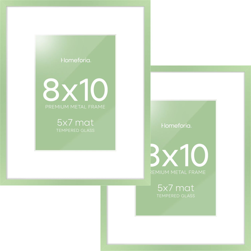 Homeforia 8x10 Picture Frame Sage Green, High End Metal 8 x 10 Poster Frames with Mat 5 by 7 Art, 10x8 Thin Frame Matted to 7x5 Photo, 8by10 Wall or Tabletop Frames, Tempered Glass, Wall Kit, Set of 2