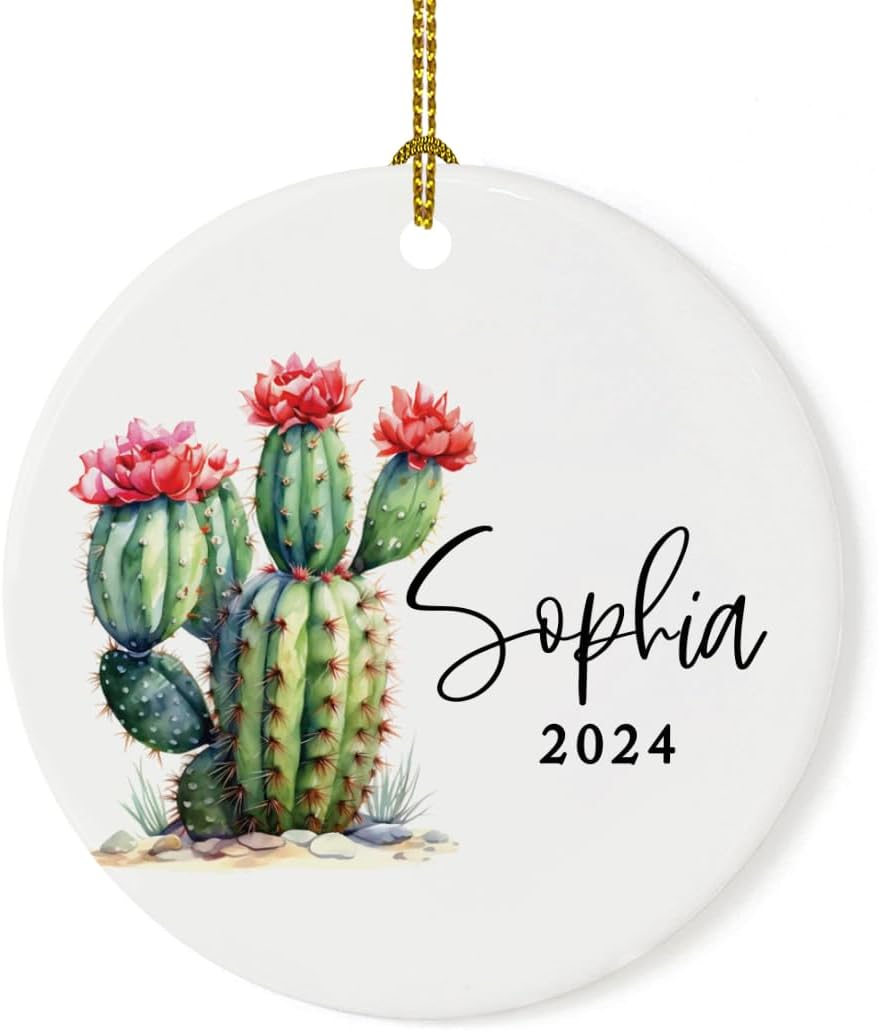 Andaz Press 2.8" Ceramic Porcelain Personalized Christmas Cactus Ornament, Baby Cactus Design, Custom Cactus Christmas Ornaments, Succulent Ornament Cactus Decor, Custom Name Ornament with Ribbon