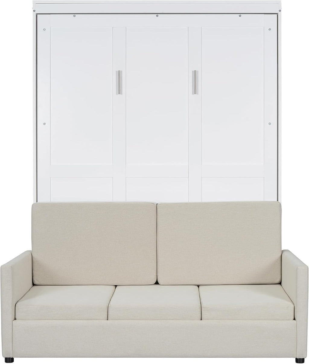 MERITLINE Full Murphy Bed with Couch,Wood Murphy Bed Cabinet with Sofa,Fold up Bed White Murphy Wall Bed Full Size