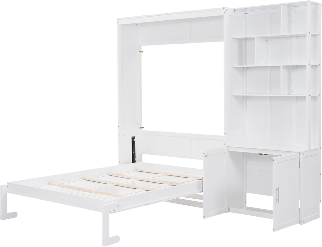 MERITLINE Full Murphy Bed with Storage Bookcase Shelves and Cabinet,Wood Folding Murphy Wall Bed Cabinet for Adults,White