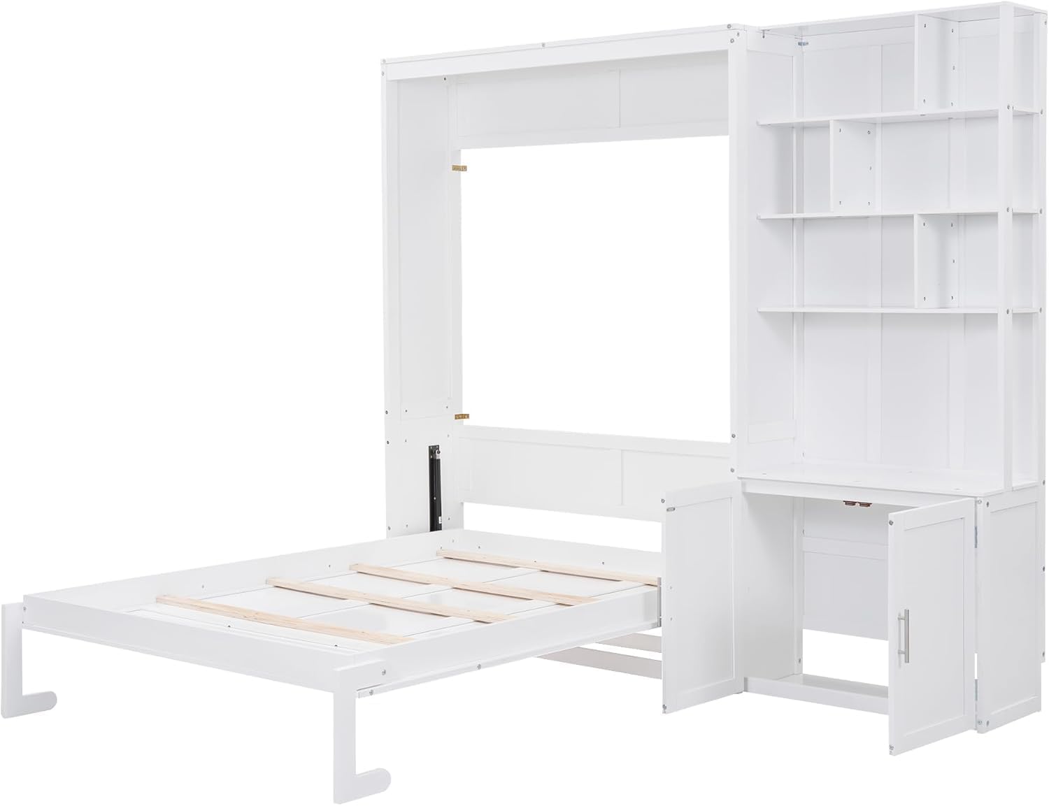 MERITLINE Full Murphy Bed with Storage Bookcase Shelves and Cabinet,Wood Folding Murphy Wall Bed Cabinet for Adults,White