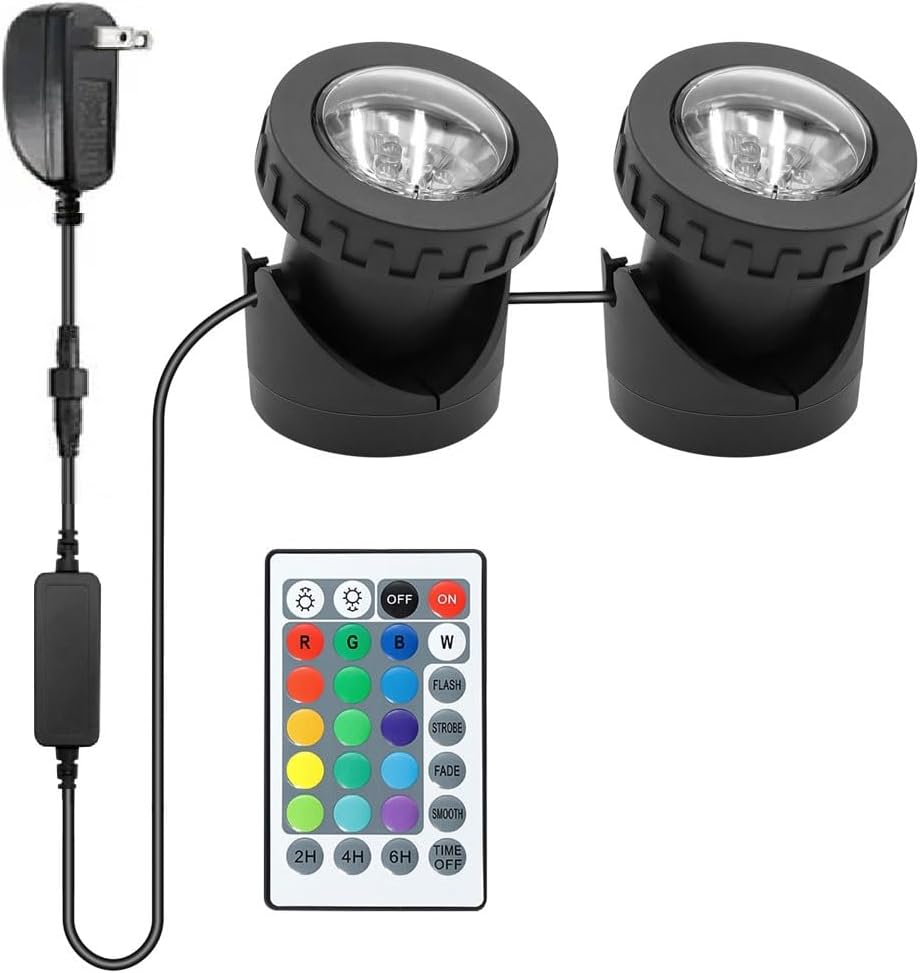 Colored Pond Lights with Timer, RGB Fountain Lights IP68 Waterproof, Underwater LED Dimmable Outdoor Light for Fish Tank Pond Fountain Garden Landscape, 2 in Set