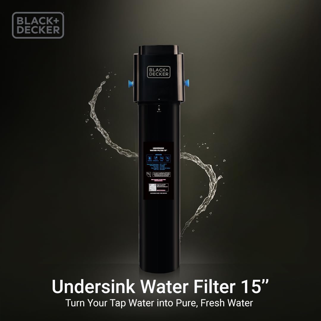 BLACK+DECKER Undersink Water Filter 15’’ | 2 Years | Reduces CHLORAMINE, Chlorine,Lead, PFAS, Bad Taste, Odor | Under Counter Water Filter Direct Connect to Kitchen Faucet | NSF/ANSI 42 Certified