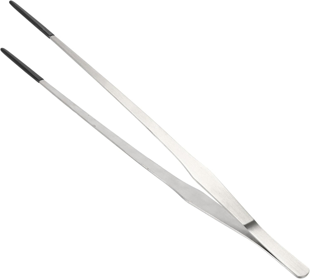 Reptile Stainless Steel Lizard Aquarium Straight Feeding Tweezers with Rubber Tip, Terrarium Feeding Tongs, 14.96" L, Black Silver Tone