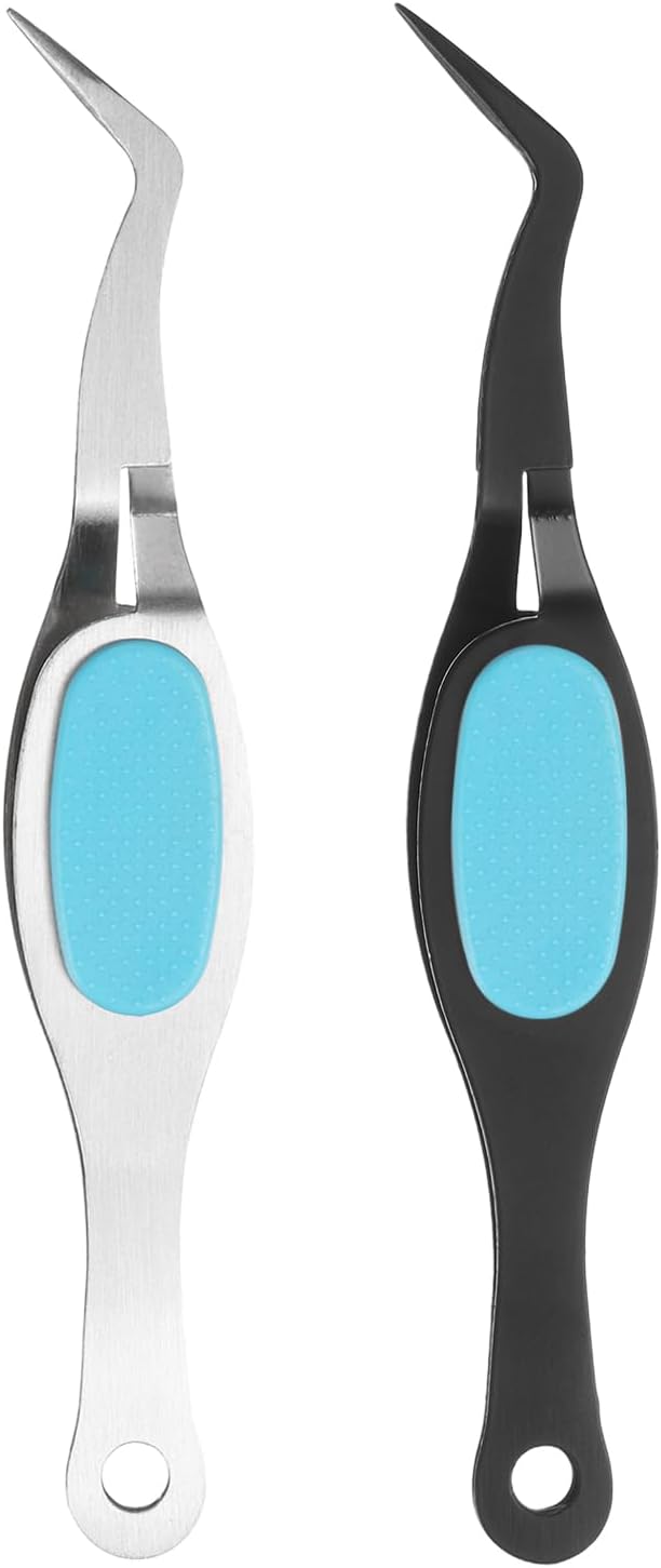 HARFINGTON 2pcs Craft Tweezers Precision Crossing Lock Curved Stainless Steel Soft Reverse Grip Fine Tip Tweezers for DIY Craft Jewelry Beading Electronics, Black Silver Blue