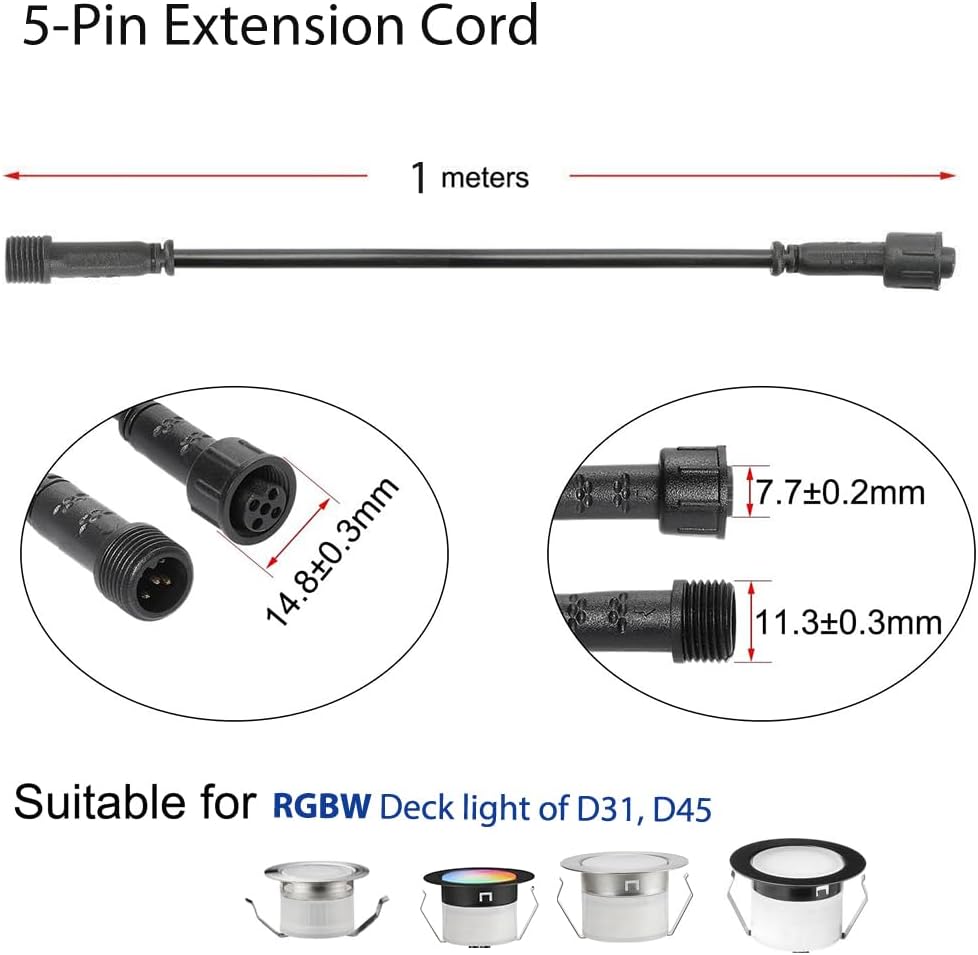 Sumaote 3.28ft 1m 5Pin Extension Cable Wire with Male and Female Connectors at Both Ends for RGBW Color LED Deck Light (5 Pin, 3.28ft, 5 Pack)
