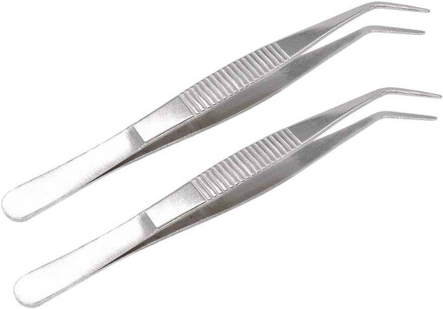 5 Inch Stainless Steel Tweezers with Curved Serrated Tip Multipurpose Forceps for Craft Repairing 2 Pack