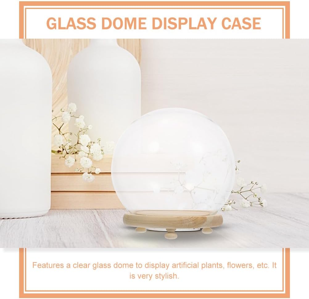 EXCEART Clear Glass Cloche Globe Display Dome Bell Jar with Wooden Base Terrarium Keepsake Display Globe with Light for Plants Succulents 13X13cm