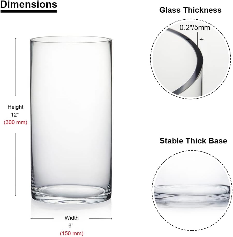 Enova Floral Cylinder Glass Vase - 6 x 12 Inches Round Large Flower Vase, Tall Pillar Candle Holder for Floating Candles and Flowers, Wedding Centerpiece (1 Piece)