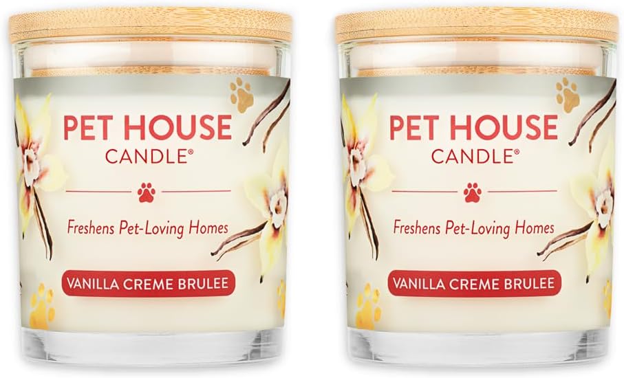 One Fur All Pet House Candle 2 Pack - Plant-Based/Soy - Clean Burning Scented, Long Lasting Pet Odor Candle for Home - Vanilla Crème Brulee