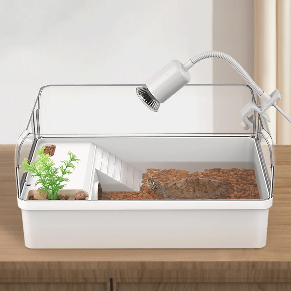Flushbay Turtle Tank with Basking Platform Multi-Functional Areas Acrylic Turtle Aquarium Tank with 360° Panoramic View for Turtles, Crayfish Crab and Lizardt (White)