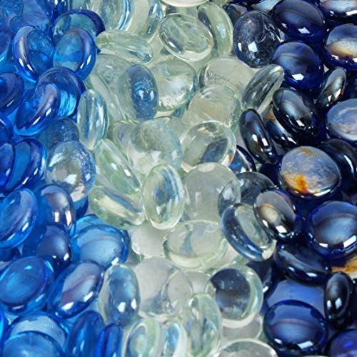 Reflective Fire Pit Glass Beads - Professional Grade Fire Glass for Fire Pit - 3/4" Firepit Glass Rock - Glass Stones - Gas Fireplace Glass (50 Pound, Dark Blue, Light Blue, Clear)