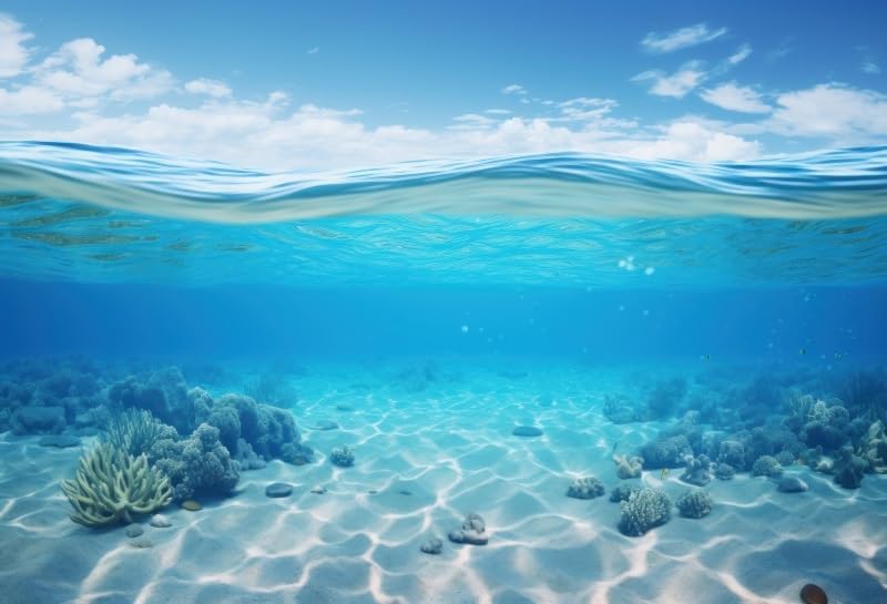 Renaiss 12x8ft Underwater Seascape Backdrop Blue Sky Sea Level Undersea Background Under The Sea Water Diving Mermaid Party Banner Sunlight Corals Seabed Fish Tank Aquarium Decor Photo Booth Props