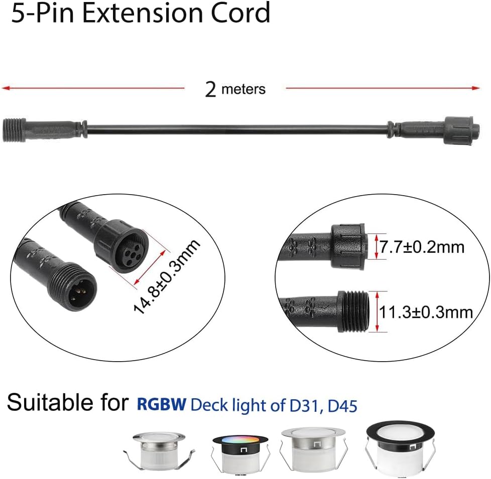Sumaote 6.56ft 2m 5Pin Extension Cable Wire with Male and Female Connectors at Both Ends for RGBW Color LED Deck Light (5 Pin, 6.56ft, 5 Pack)