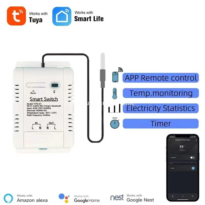 WiFi Smart Waterproof Temperature Controller Sensor Module, Tuya app Wireless Remote 16A Smart Switch with Energy Consumption Monitoring, Compatible with Alexa Google Home