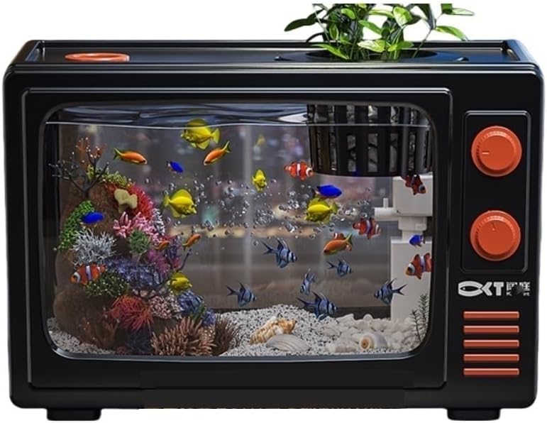3 Gallon Desktop Aquarium, Retro TV Fish Tank, Fish Tank with Multi-Function Filter, High Transparency Fish Aquarium Made of AS Materials(Black,8.3x8.5x15.3in)