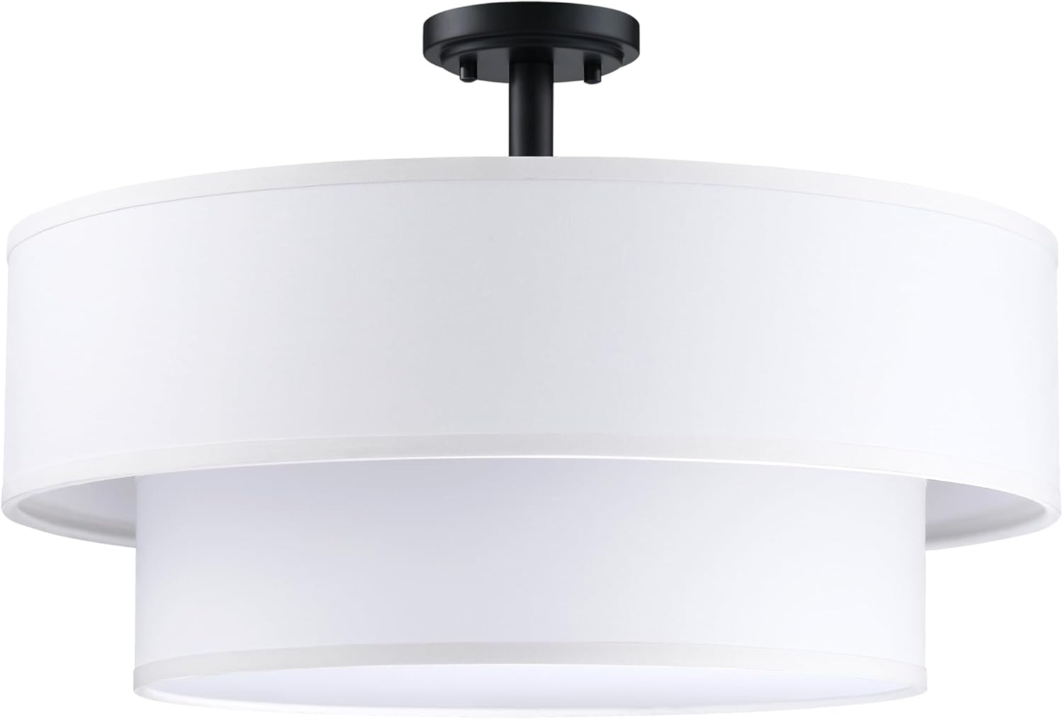 4 Light Off White Double Drum Fabric Shade Semi Flush Mount Ceiling Light,Close to Ceiling Light Fixture Black Finish,20 inch Semi Flush Drum Light for Bedroom,Living Room,Dining Room Hallway