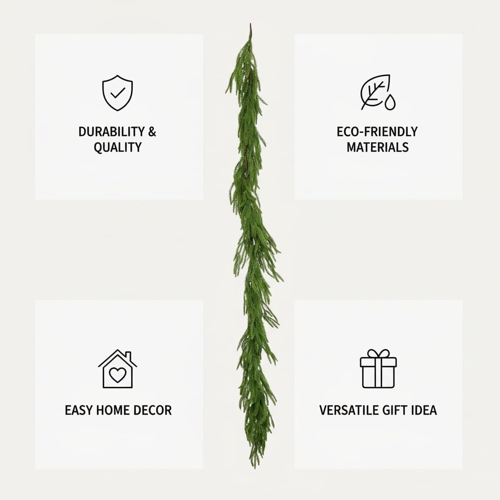 2 PCS 6FT Artificial Christmas Garland with Real Touch Norfolk Pine Garland - Lush Holiday Greenery for Mantle, Stairs, Table, Indoor Outdoor Decor