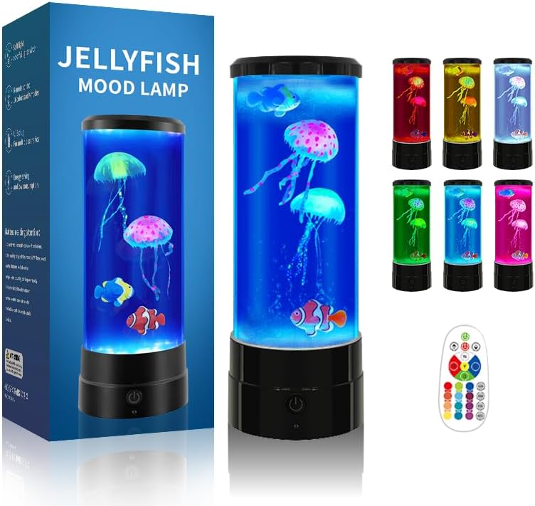 Jellyfish Lamp 12"-Black Minimalist Cylinder Table Lamp with 2 Large Jellyfish & 2 Fish,16 Color Changing LED,USB Powered,Remote Control,Jellyfish Light Lamp for Bedroom,Home Decor