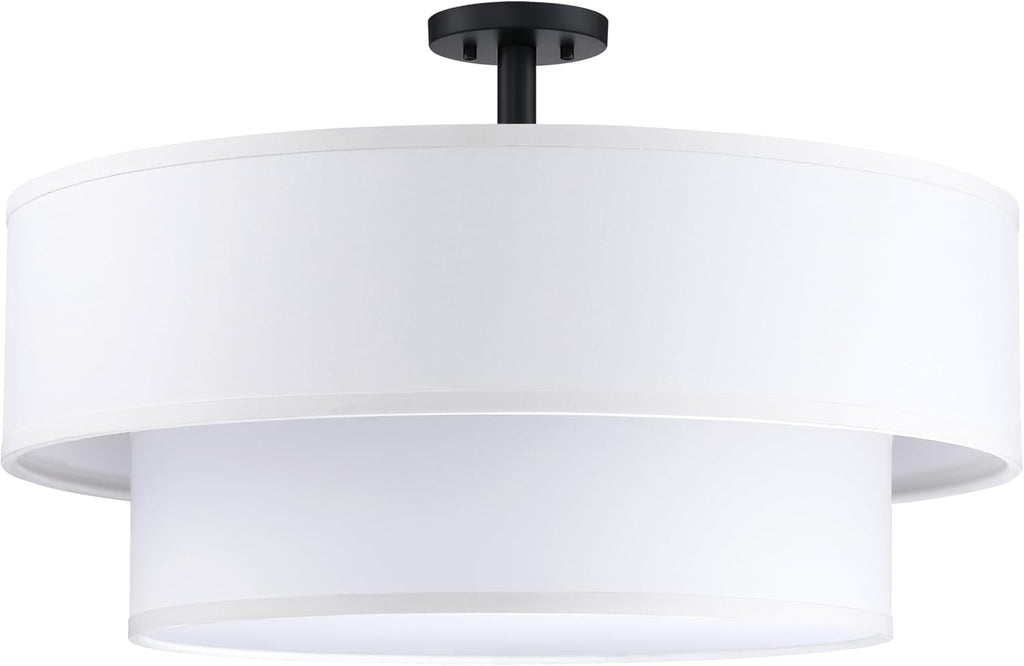 5 Light Off White Double Drum Fabric Shade Semi Flush Mount Ceiling Light,Close to Ceiling Light Fixture Black Finish,24 inch Semi Flush Drum Light for Bedroom,Living Room,Dining Room Hallway