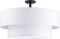 5 Light Off White Double Drum Fabric Shade Semi Flush Mount Ceiling Light,Close to Ceiling Light Fixture Black Finish,24 inch Semi Flush Drum Light for Bedroom,Living Room,Dining Room Hallway