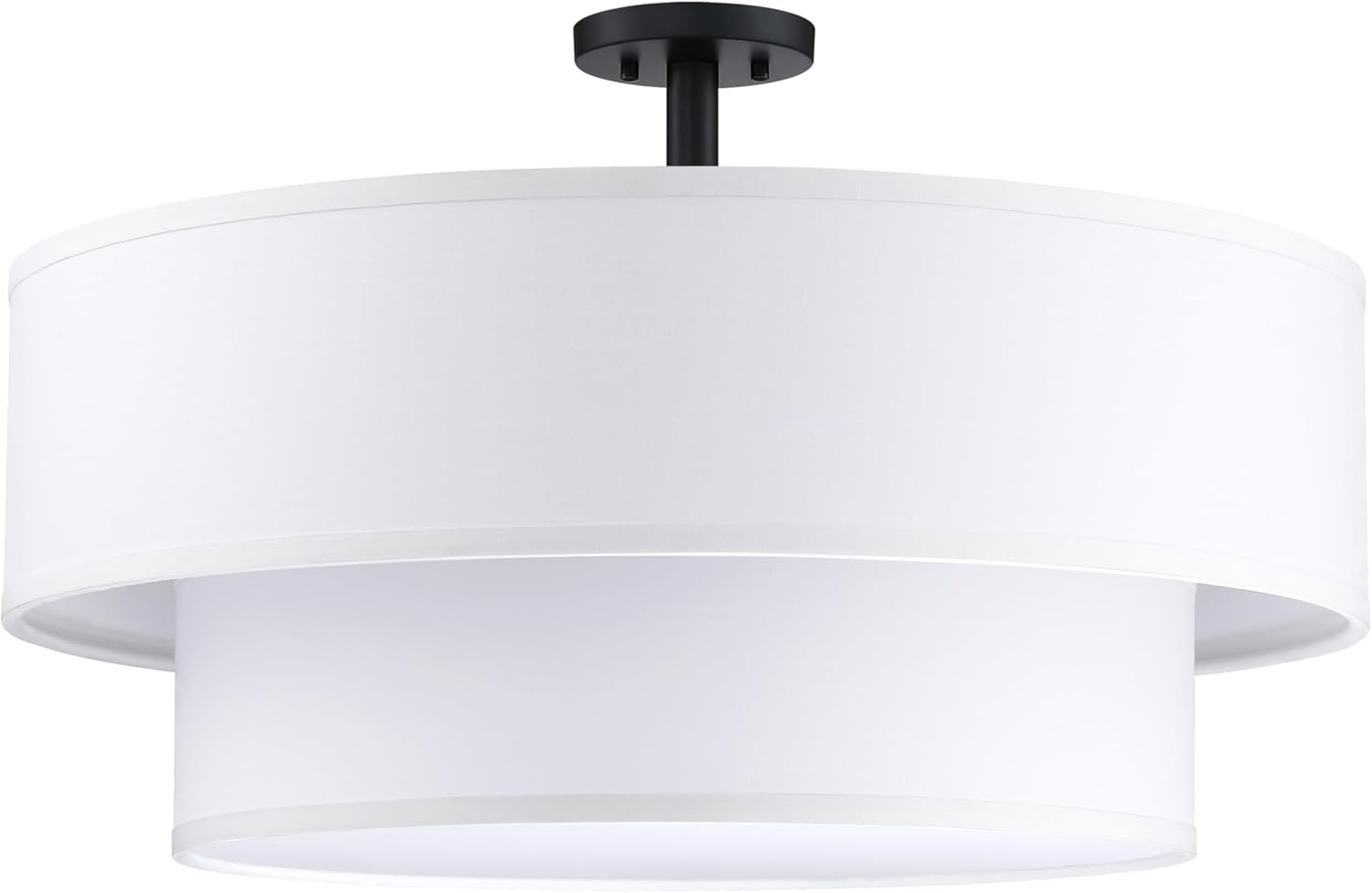 5 Light Off White Double Drum Fabric Shade Semi Flush Mount Ceiling Light,Close to Ceiling Light Fixture Black Finish,24 inch Semi Flush Drum Light for Bedroom,Living Room,Dining Room Hallway