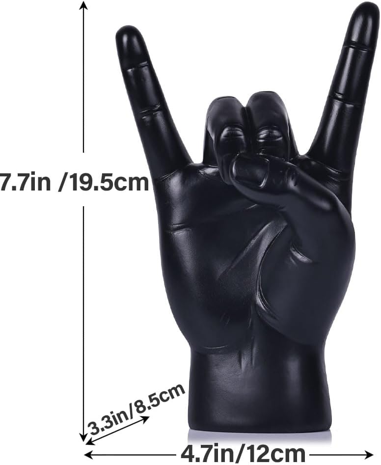 QIANLING 7.7" Black Resin Rock On Hand Gesture Statue - Rock Culture Music Lovers' Decorative Tabletop Sculpture for Bookshelf, Desk & Mantel Decor in Home or Office, Modern Symbolic Figurine