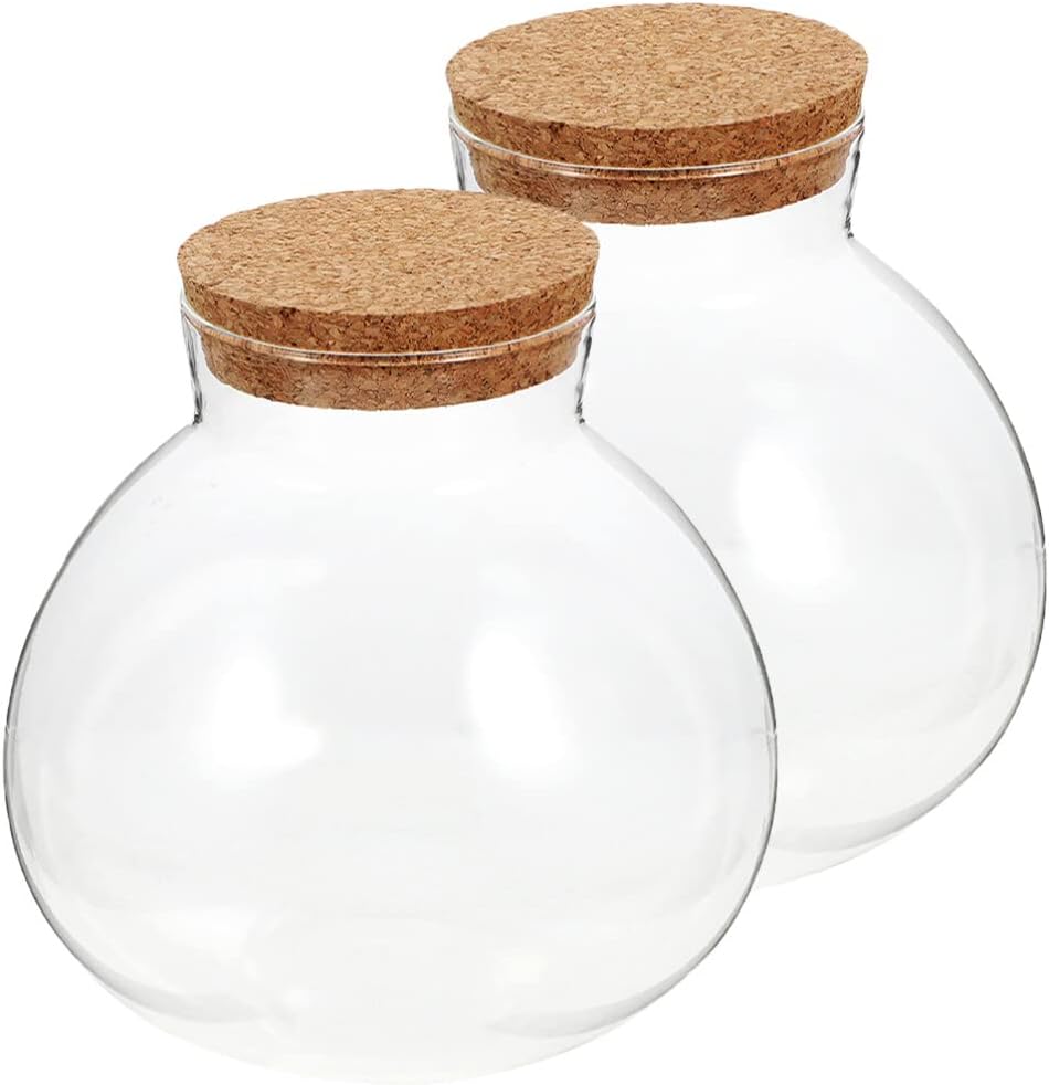 BESPORTBLE Round Glass Jars with Cork, Small Round Glass Dome Clear Cloche Globe Display Bell Jar Terrarium for Flower Dollhouse Mini Figure Collectible 2pcs 15cm