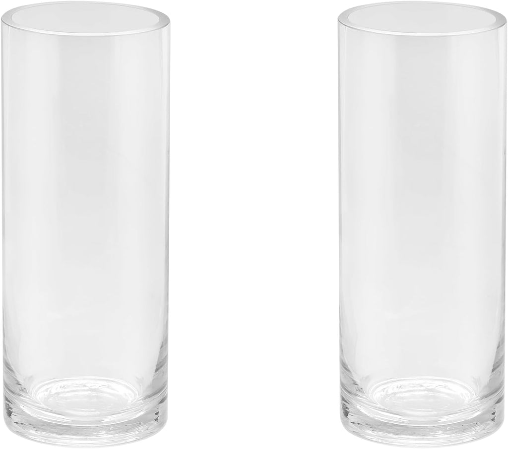 4" Wide 10" High Large Hand Blown Sturdy Clear Cylinder Glass Vase, Centerpiece Flower Vase for Rose, Tulip, Boquets, Hurricane Candle Holder (2, 4"x10")