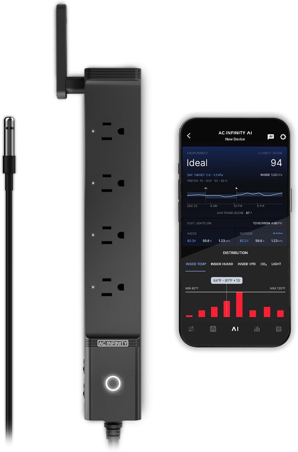 AC Infinity Outlet AI, Environment Controller, Smart WiFi Power Strip, Dual-Zone Temperature Humidity, Individual Control 4 Plugs, AI Targeting, Thermostat Greenhouse Aquarium Terrarium Home, 1800W