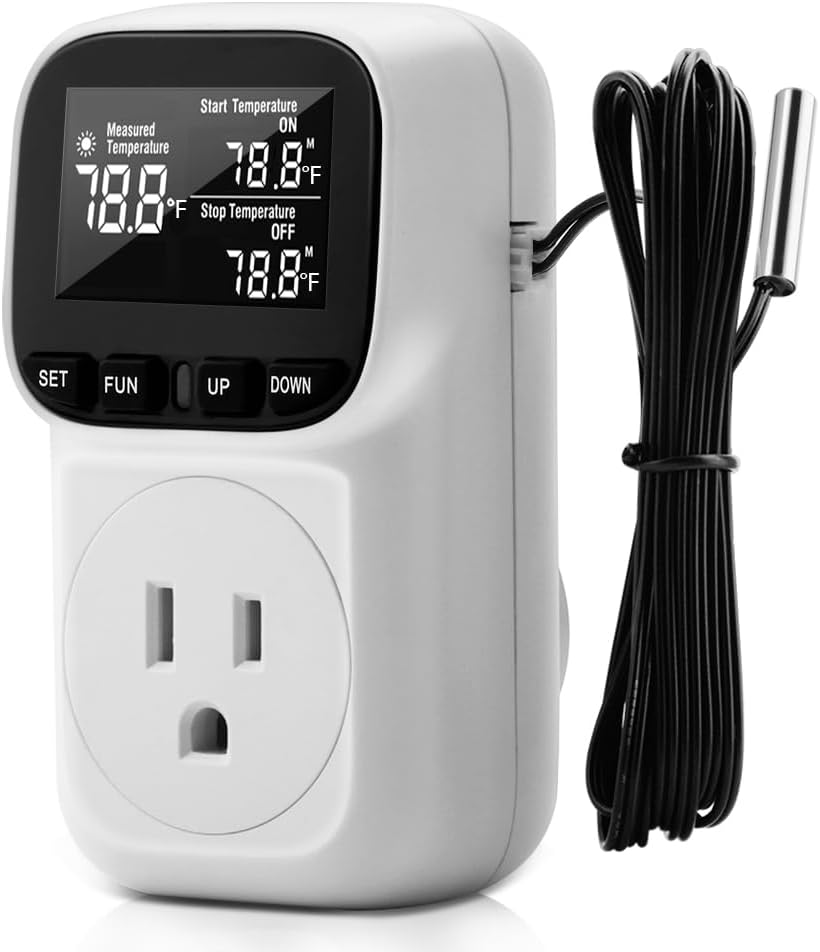 Diymore 1800W Digital Temperature Controller Plug in Thermostat Outlet Digital RV Thermostat Heating Cooling Mode Timer 15A /120V -104℉~210℉ for Incubator Thermometer Pool Thermometer