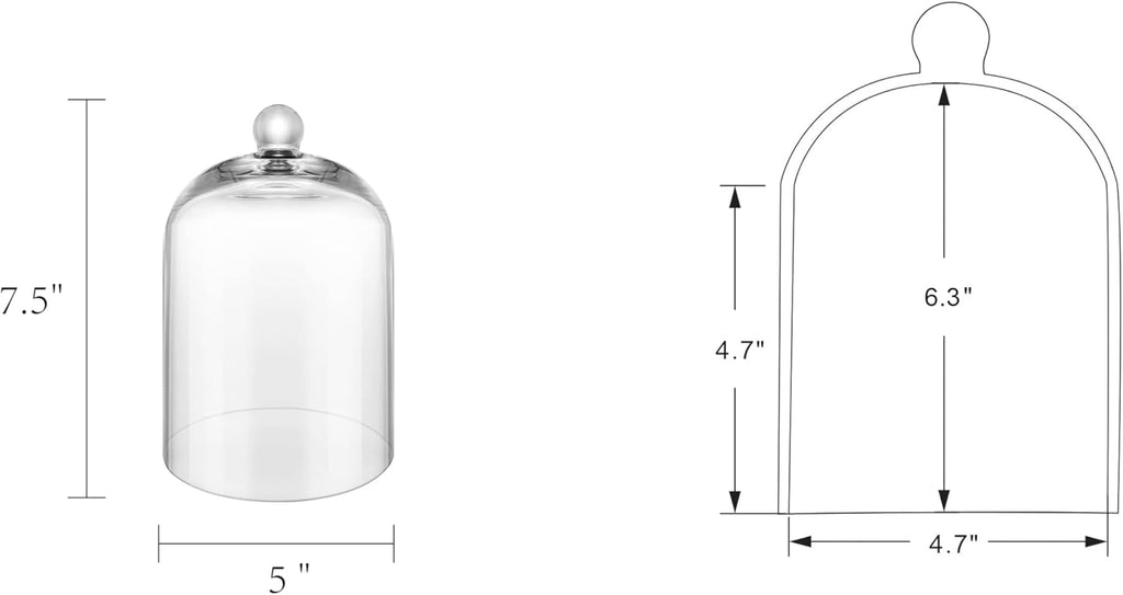 7.5" Tall Handmade Glass Cloche, Thick & Sturdy, Dia 5"xH 7.5", For Terrarium, Plants, Trinkets, Cakes, Figurines, LED Light String, Candle. Cloche Glass Dome, Bell Jar Display Case (1, 5.12"x7.48")