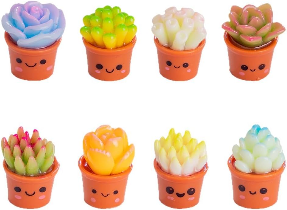 8 Pcs Succulent Planter Mini Resin Figurines with Smiley Face Flowerpots - Tiny Potted Flowers for Dollhouse Accessories, Courtyard, DIY Crafts, Desk, Car & Home Office Decorations