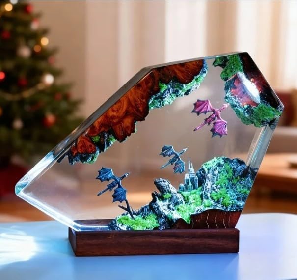 Dragon Resin Lamp – Resin Art Night Light with 16 Color LED, USB Powered Dragon Desk Lamp with Wooden Base & Remote,Handmade Gift for Christmas, New Year