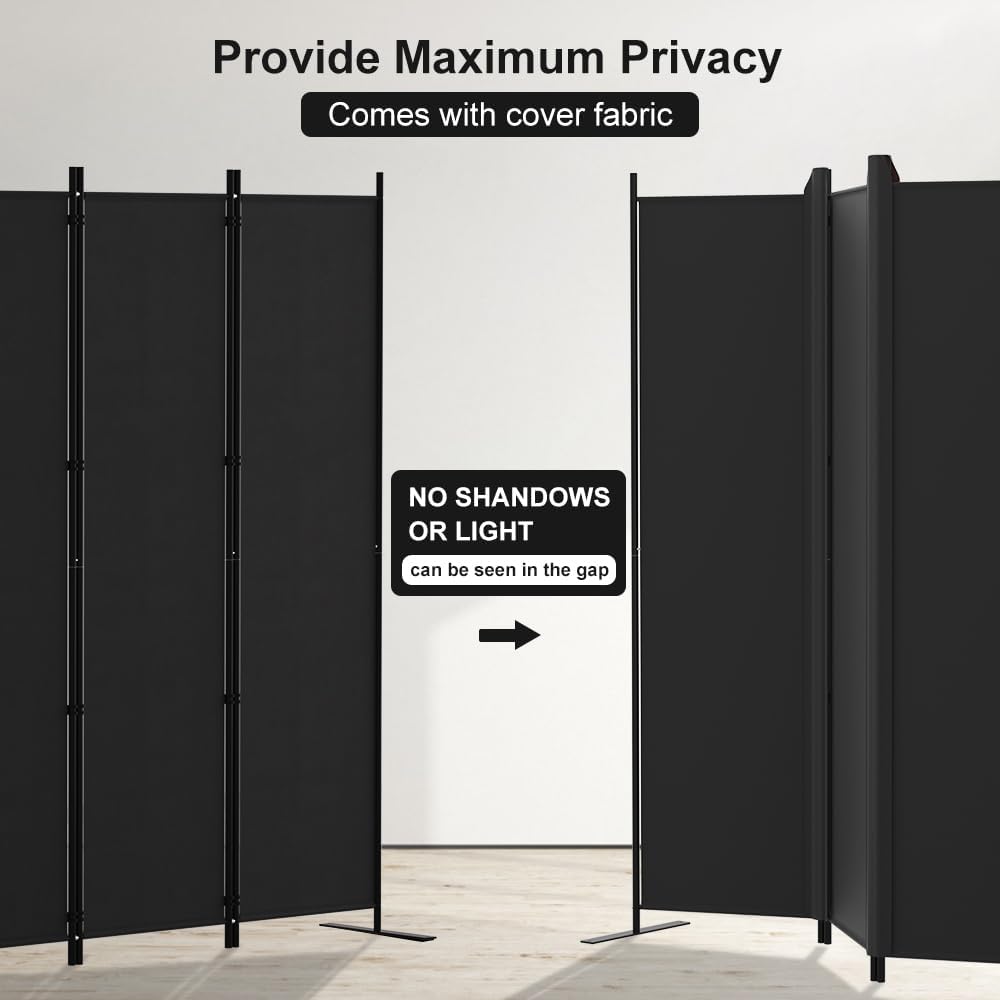 Kokorona 6 Panel Room Divider, 6FT Tall Folding Privacy Screen Wall Dividers, Portable Privacy Screen Freestanding Room Divider for Room Separation, Included - Cover Strips, Black, 120''W x 72''H
