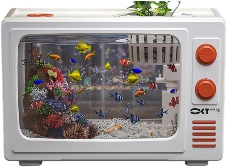 3 Gallon Desktop Aquarium, Retro TV Fish Tank, Fish Tank with Multi-Function Filter, High Transparency Fish Aquarium Made of AS Materials(White,7.2x7.7x12.0in)