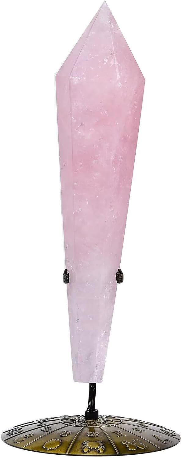 Rose Quartz Wand Point Long Healing Crystal Scepter Decorative Stone Reiki Meditation with Display Stand Home Office Decor 0.8-1.1LBS