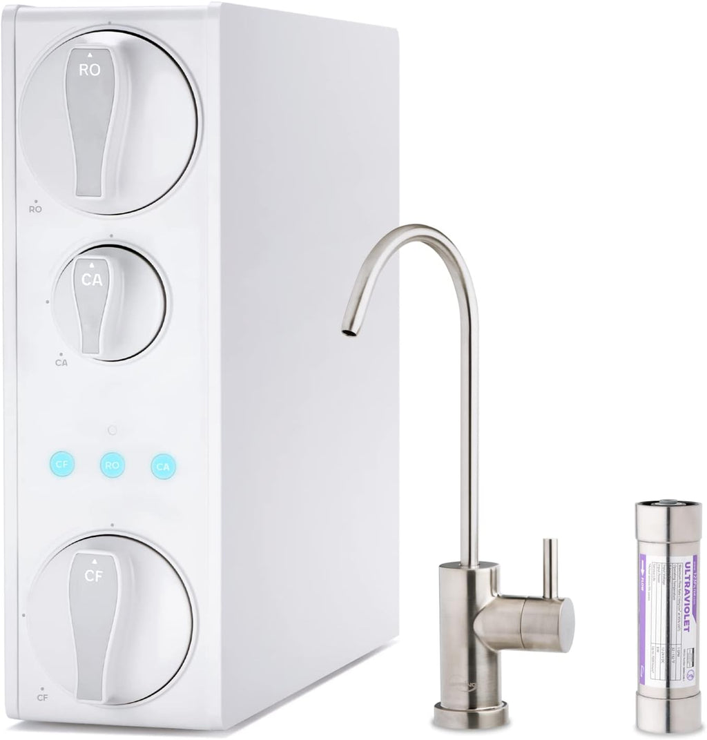 iSpring RO500AK-BN+UVF8 Tankless Reverse Osmosis Water Filtration System with Natural pH Alkaline Remineralization and LED UVF8 Light, 500 GPD RO System, Brushed Nickel Faucet, 2:1 Pure to Drain Ratio