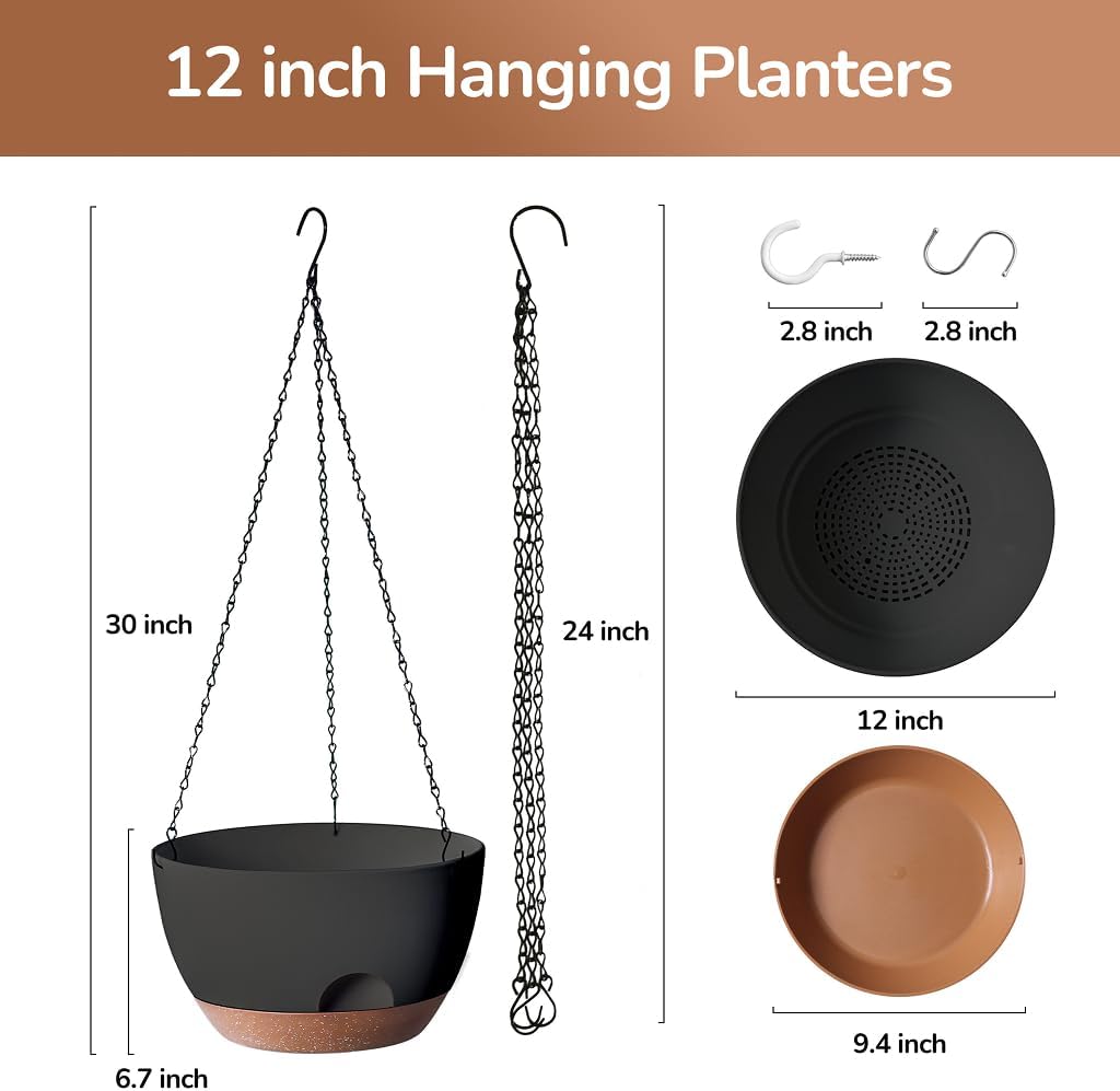 Set of 2-12 Inch Hanging Planter, Self-Watering Hanging Planters for Indoor Plants & Outdoor, Plant Hanger Indoor, Hanging Plant Pot with Drainage (Black)