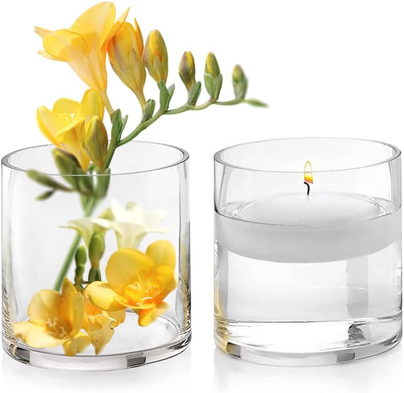 Enova Floral Clear Glass Cylinder Vase 5 x 5 Inches Round Flower Vase, Pillar Candle Hurricane Floating Candle Holder Vase, Small Floral Glass Vase for Decoration Home, Wedding Centerpiece (1 Piece)