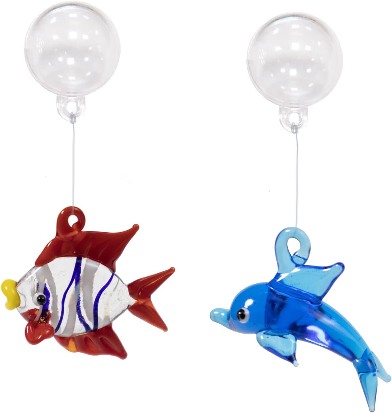 Aquarium Ornament, Cute Fish Tank Decorations Floating Fish&Dolphin with Floating Device, Glass, 2 Pack, Red and Blue, Fish Tank Accessories