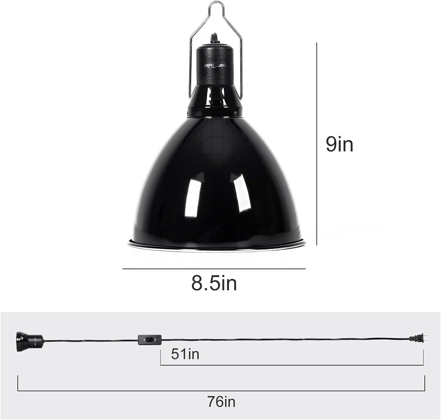 REPTI ZOO 8.5 inch Reptile Light Fixture 200W 2 in 1 E26 Base with Removable Ceramic Socket with On Off Toggle Switch in Black,Aquarium Dome Reptile UVB Light Socket Fixture (Without Bulbs)