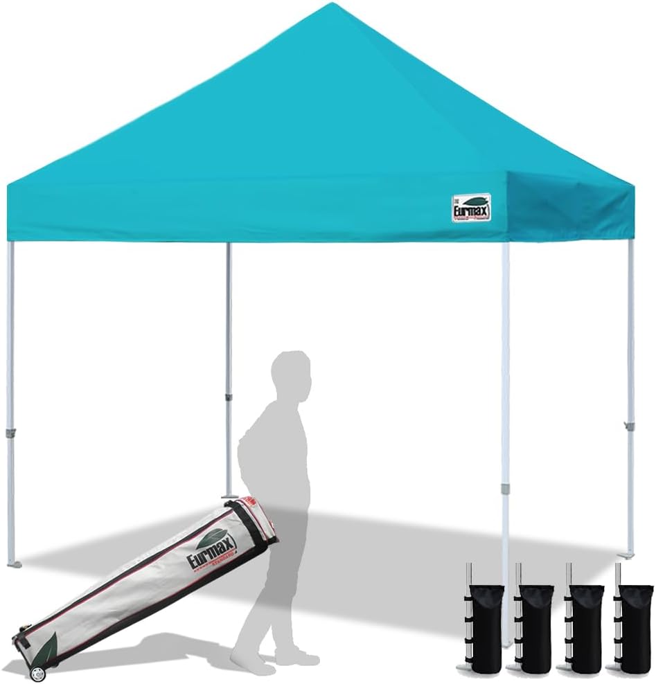 Eurmax USA Standard 10x10ft Patio Pop Up Canopy Tent for Outdoor Events Commercial Instant Canopies with Heavy Duty Roller Bag,Bonus 4 Canopy Sand Bags (Turquoise)