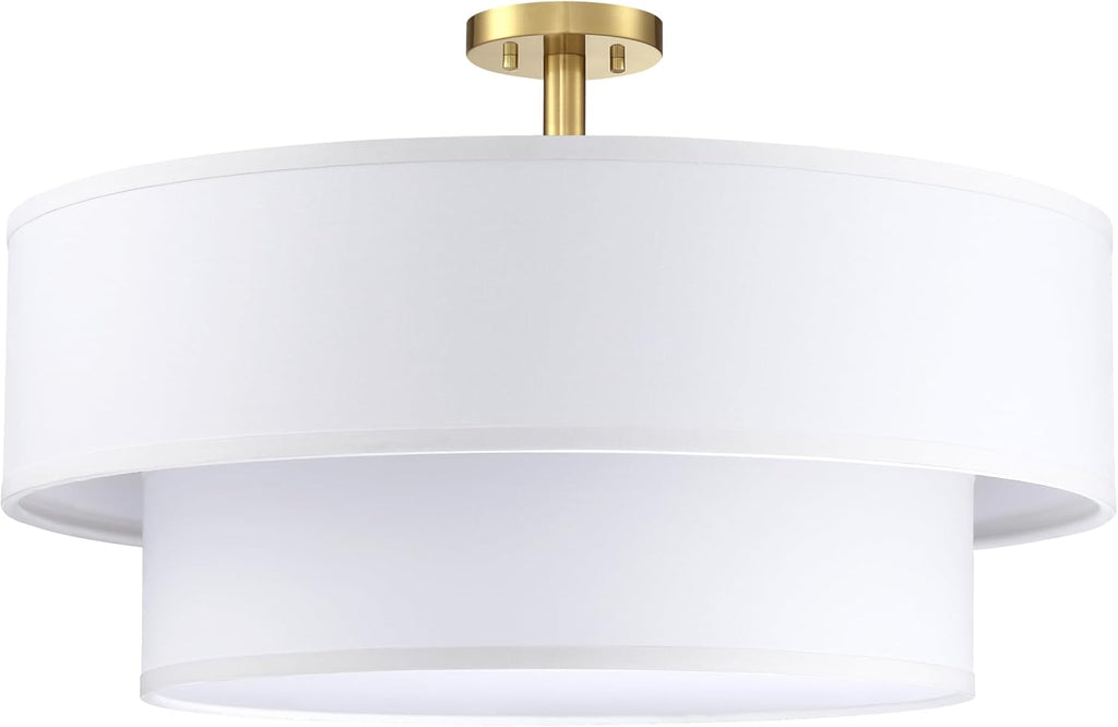 5 Light Off White Double Drum Fabric Shade Semi Flush Mount Ceiling Light,Close to Ceiling Light Fixture Gold Finish,24 inch Semi Flush Drum Light for Bedroom,Living Room,Dining Room Hallway