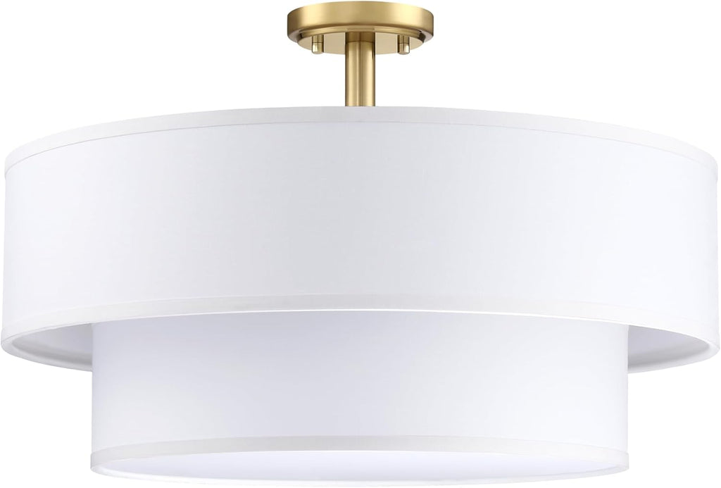 4 Light Off White Double Drum Fabric Shade Semi Flush Mount Ceiling Light,Close to Ceiling Light Fixture Gold Finish,20 inch Semi Flush Drum Light for Bedroom,Living Room,Dining Room Hallway
