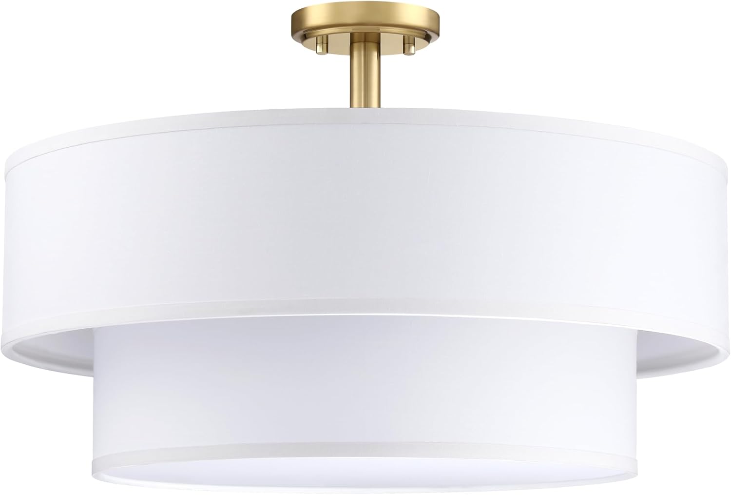 4 Light Off White Double Drum Fabric Shade Semi Flush Mount Ceiling Light,Close to Ceiling Light Fixture Gold Finish,20 inch Semi Flush Drum Light for Bedroom,Living Room,Dining Room Hallway